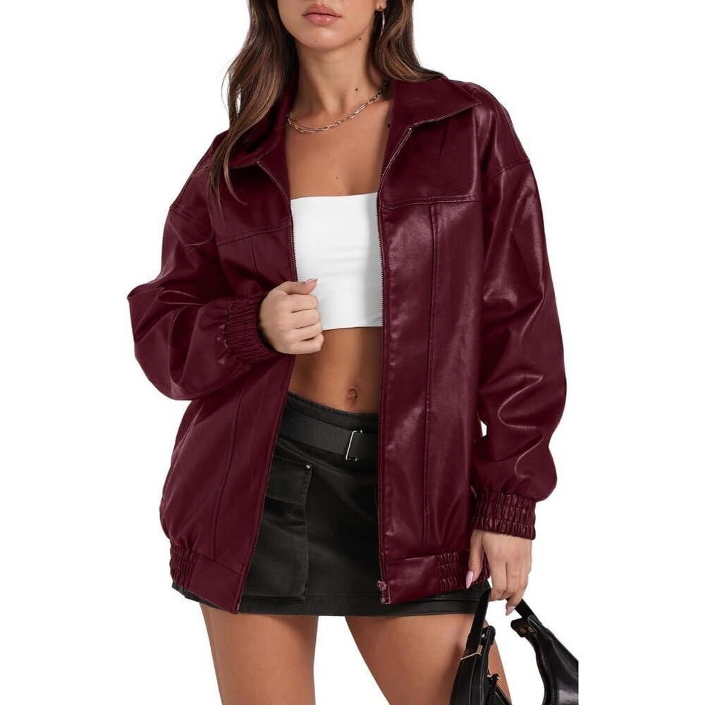 Women's Faux Leather Jacket Oversized Moto Bomber Coat Fall Winter Outfits